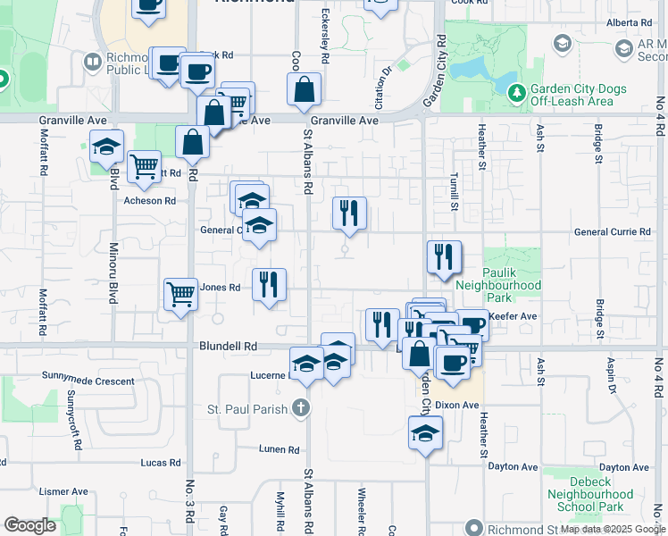 map of restaurants, bars, coffee shops, grocery stores, and more near in Richmond