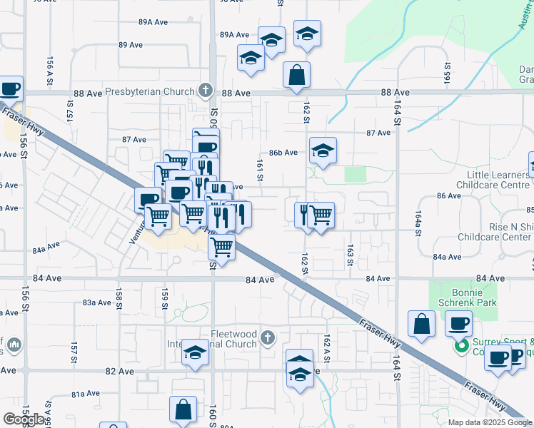 map of restaurants, bars, coffee shops, grocery stores, and more near 16061 85 Avenue in Surrey