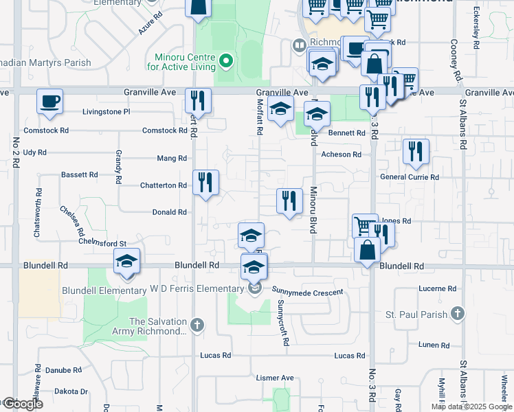 map of restaurants, bars, coffee shops, grocery stores, and more near 7511 Moffatt Road in Richmond