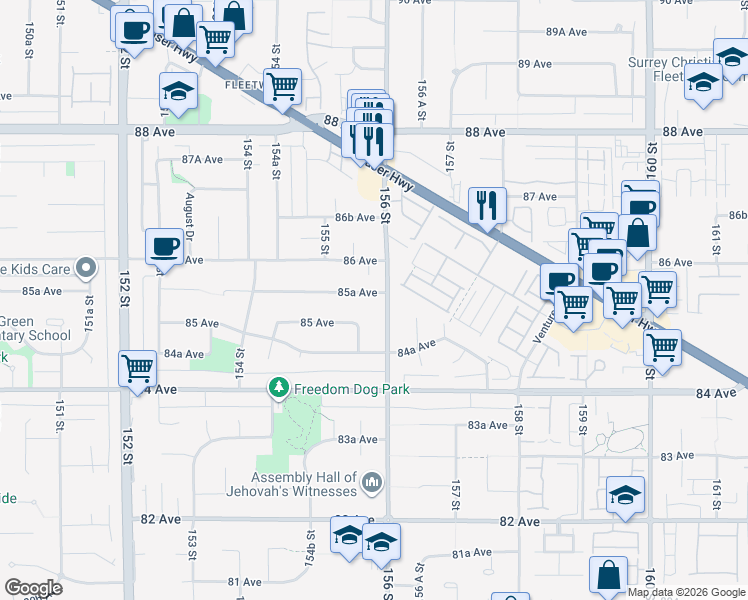 map of restaurants, bars, coffee shops, grocery stores, and more near 15566 85A Avenue in Surrey