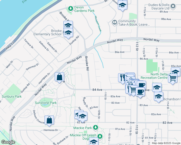 map of restaurants, bars, coffee shops, grocery stores, and more near 8516 Brooke Road in Delta