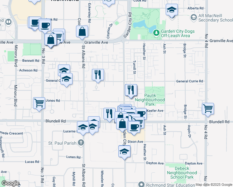 map of restaurants, bars, coffee shops, grocery stores, and more near 8775 Jones Road in Richmond