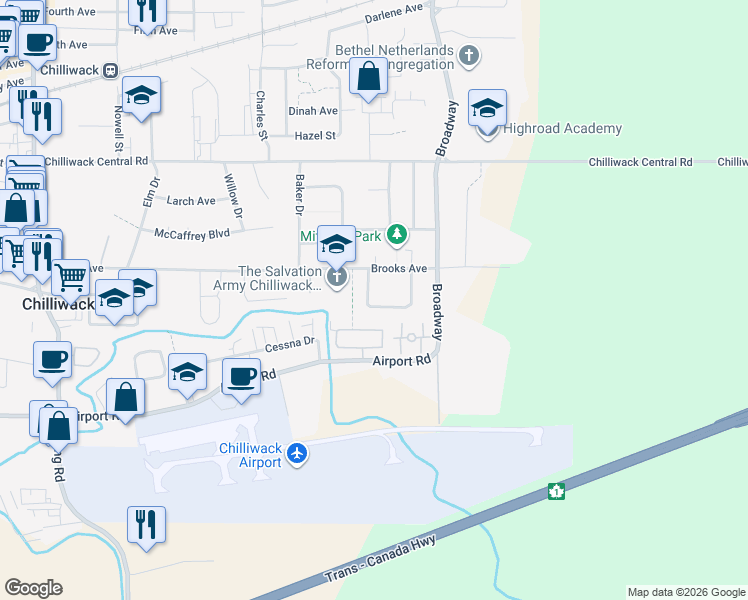map of restaurants, bars, coffee shops, grocery stores, and more near 8525 Howard Crescent in Chilliwack