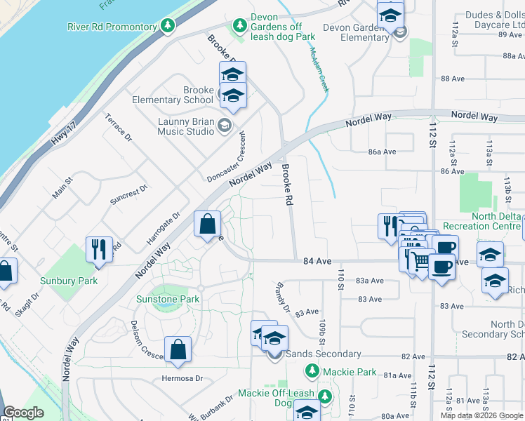 map of restaurants, bars, coffee shops, grocery stores, and more near 8532 Sullivan Place in Delta