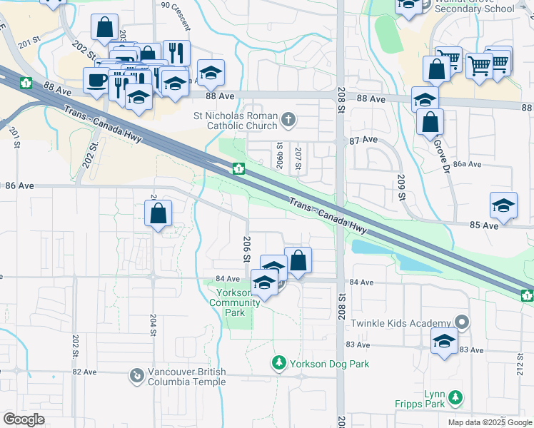 map of restaurants, bars, coffee shops, grocery stores, and more near 20653 85 Avenue in Langley