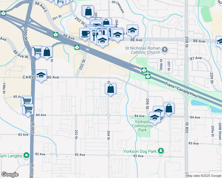 map of restaurants, bars, coffee shops, grocery stores, and more near 8570 204 Street in Langley Township