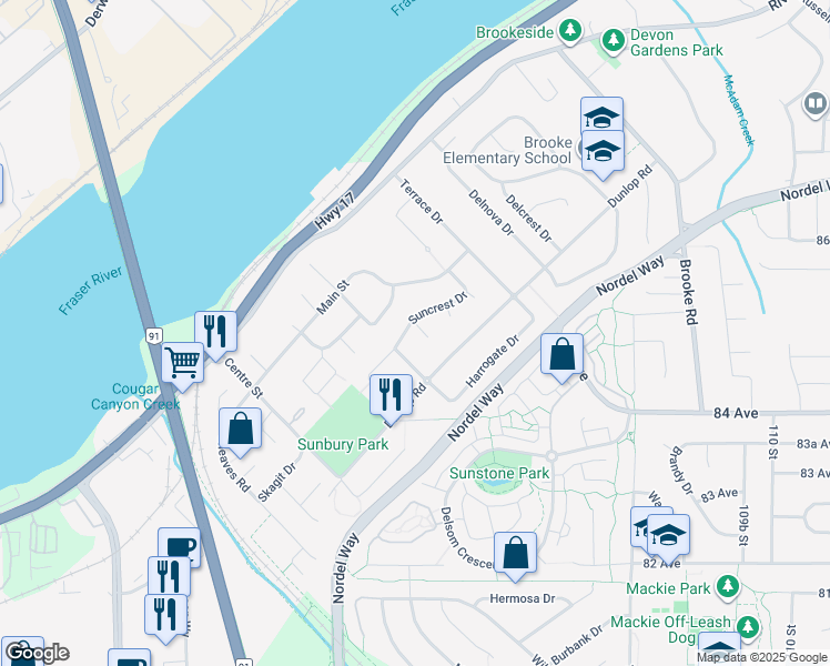 map of restaurants, bars, coffee shops, grocery stores, and more near 10486 Sunridge Place in Delta