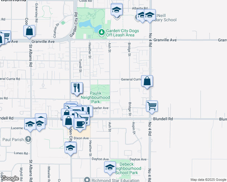 map of restaurants, bars, coffee shops, grocery stores, and more near 7560 Ash Street in Richmond