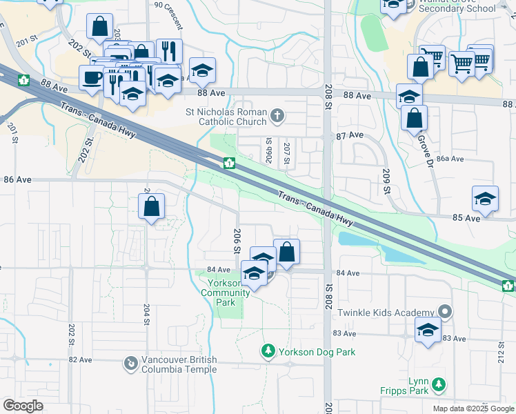 map of restaurants, bars, coffee shops, grocery stores, and more near 20653 85 Avenue in Langley Township