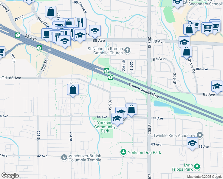 map of restaurants, bars, coffee shops, grocery stores, and more near in Langley Township