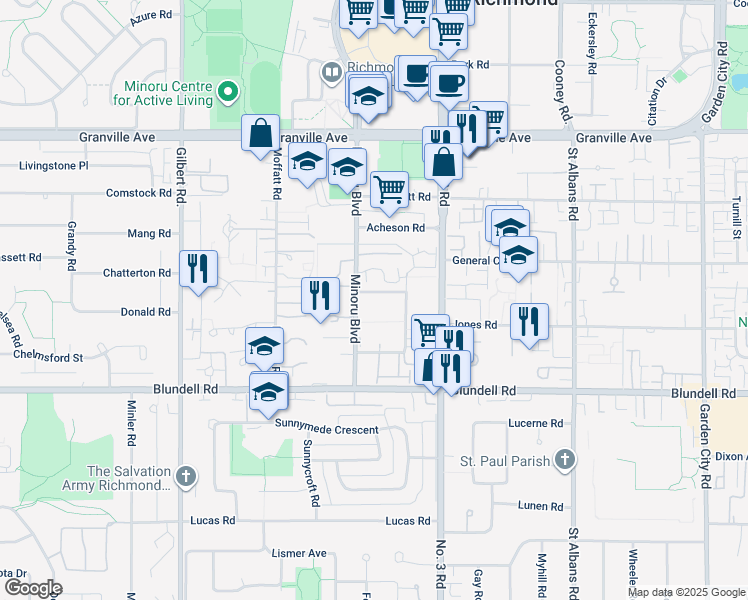 map of restaurants, bars, coffee shops, grocery stores, and more near 7500 Minoru Boulevard in Richmond