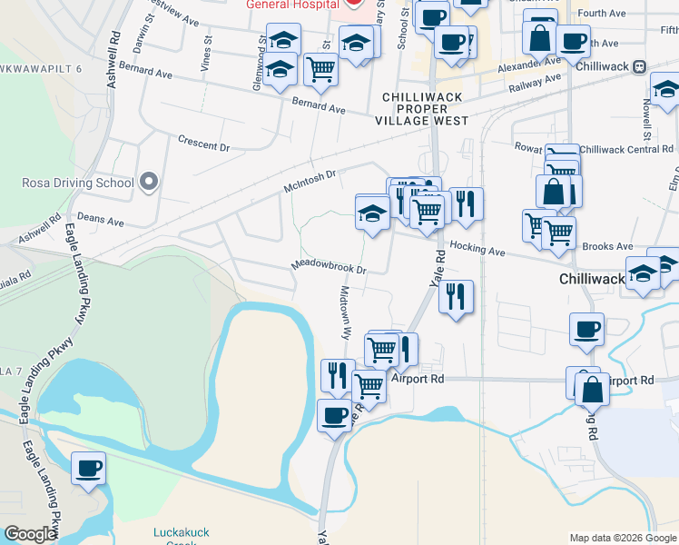 map of restaurants, bars, coffee shops, grocery stores, and more near 45594 Meadowbrook Drive in Chilliwack