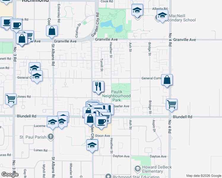 map of restaurants, bars, coffee shops, grocery stores, and more near 7533 Heather Street in Richmond