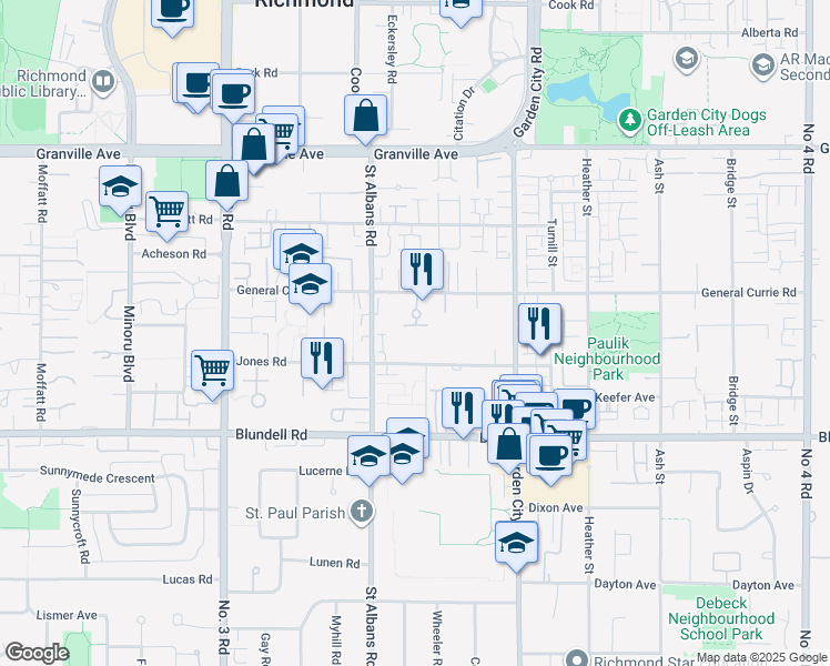 map of restaurants, bars, coffee shops, grocery stores, and more near 8500 General Currie Road in Richmond