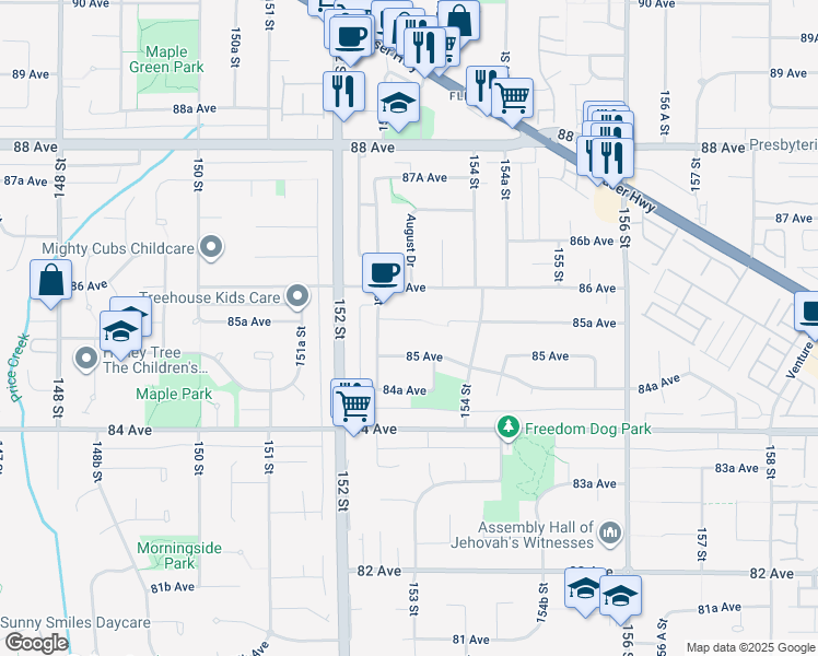map of restaurants, bars, coffee shops, grocery stores, and more near 15290 85A Avenue in Surrey