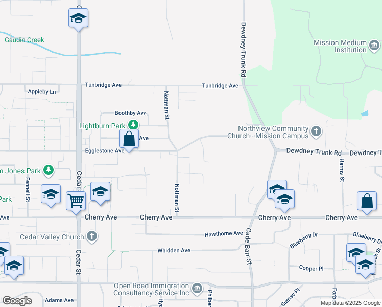 map of restaurants, bars, coffee shops, grocery stores, and more near 33123 Benedict Boulevard in Mission
