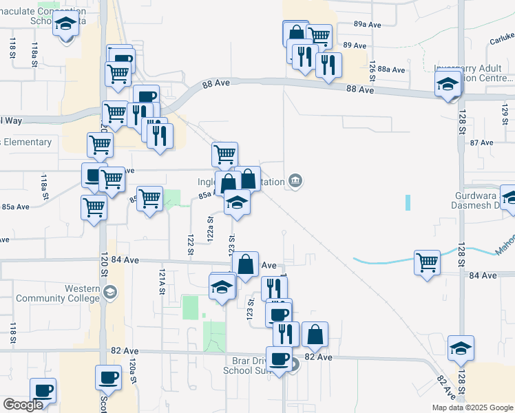 map of restaurants, bars, coffee shops, grocery stores, and more near 8528 123 Street in Surrey