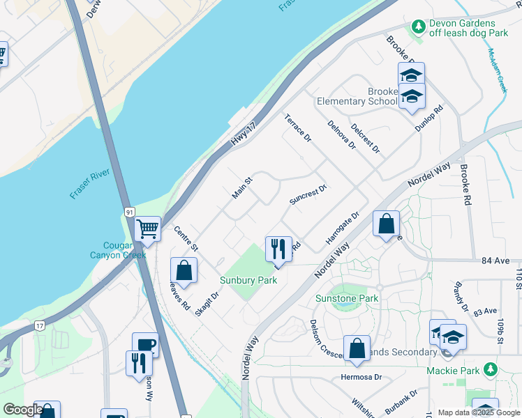 map of restaurants, bars, coffee shops, grocery stores, and more near 8559 Arpe Crescent in Delta