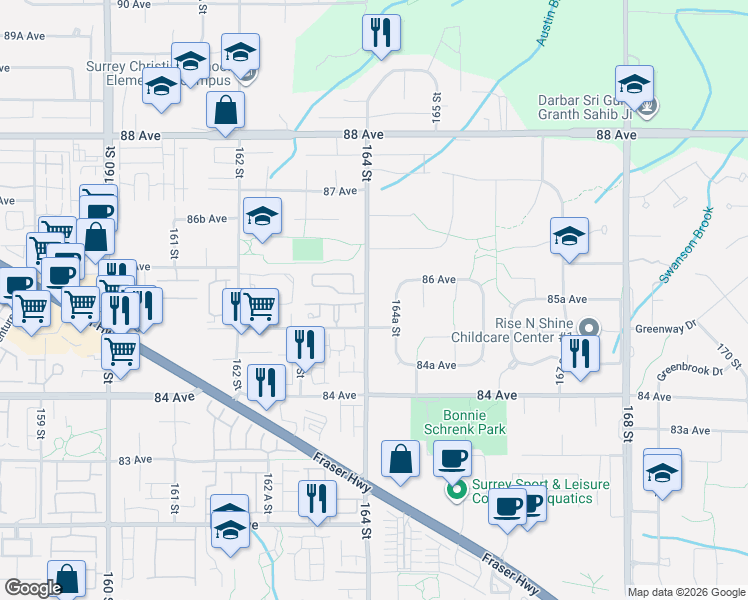 map of restaurants, bars, coffee shops, grocery stores, and more near 8546 164 Street in Surrey