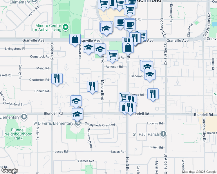 map of restaurants, bars, coffee shops, grocery stores, and more near 7500 Minoru Boulevard in Richmond