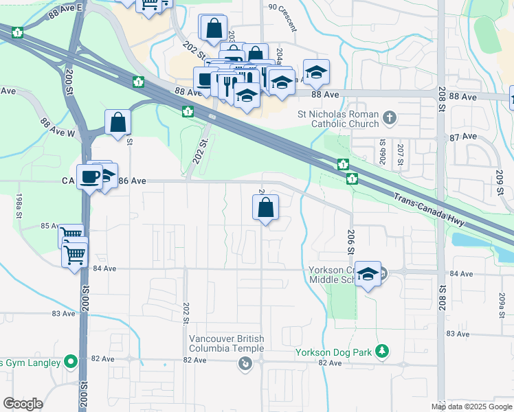 map of restaurants, bars, coffee shops, grocery stores, and more near 8567 204 Street in Langley
