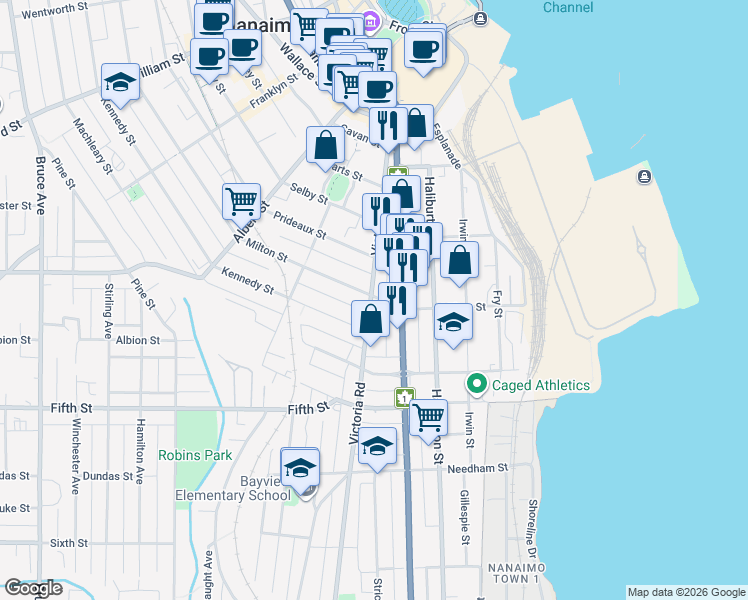 map of restaurants, bars, coffee shops, grocery stores, and more near 650 Sophia Lane in Nanaimo