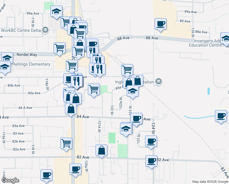 map of restaurants, bars, coffee shops, grocery stores, and more near 12204 85A Avenue in Surrey