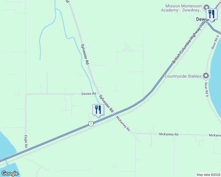 map of restaurants, bars, coffee shops, grocery stores, and more near 8590 Sylvester Road in Fraser Valley
