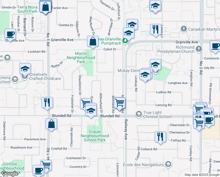 map of restaurants, bars, coffee shops, grocery stores, and more near 7491 Montana Road in Richmond