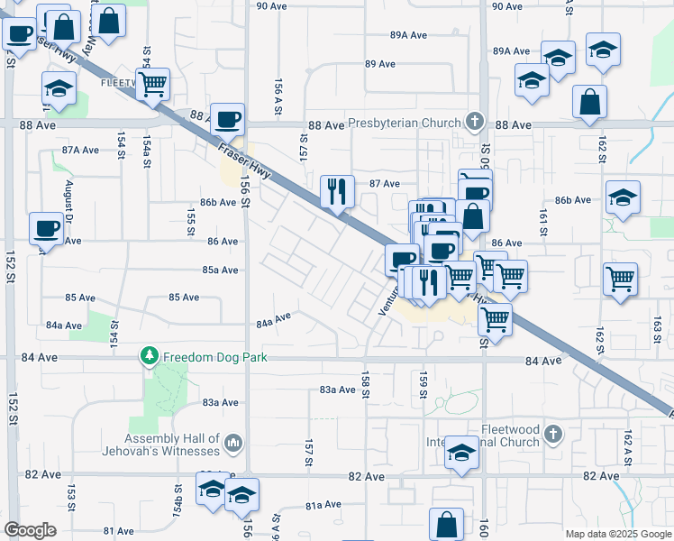 map of restaurants, bars, coffee shops, grocery stores, and more near 15850 85 Avenue in Surrey