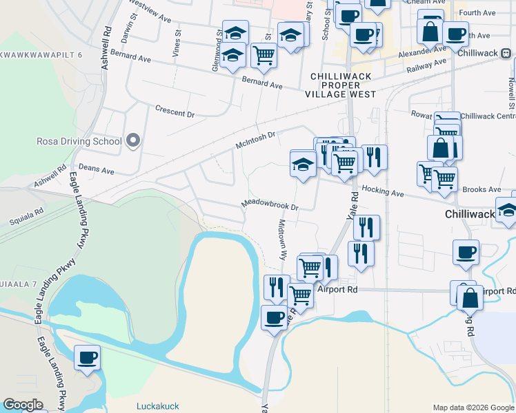 map of restaurants, bars, coffee shops, grocery stores, and more near 45552 Meadowbrook Drive in Chilliwack