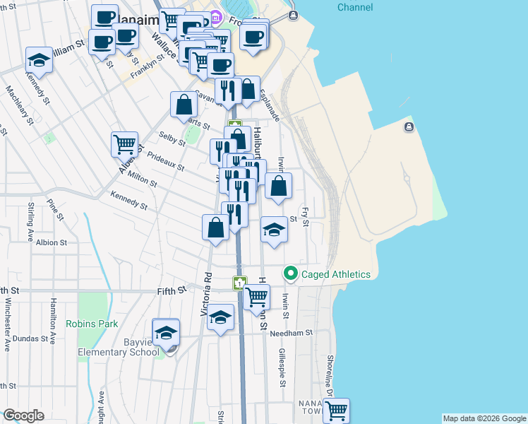 map of restaurants, bars, coffee shops, grocery stores, and more near 147 Haliburton Street in Nanaimo