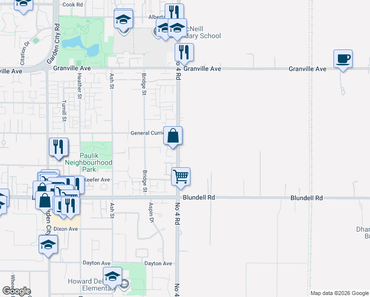 map of restaurants, bars, coffee shops, grocery stores, and more near 7490 Number 4 Road in Richmond