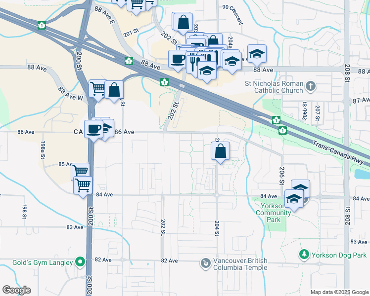 map of restaurants, bars, coffee shops, grocery stores, and more near 8558 202B Street in Langley Township