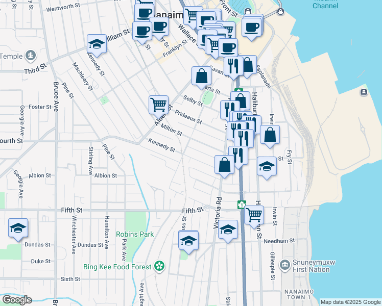 map of restaurants, bars, coffee shops, grocery stores, and more near 604 Kennedy Street in Nanaimo