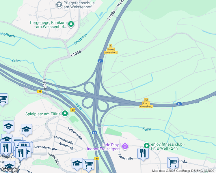 map of restaurants, bars, coffee shops, grocery stores, and more near in Weinsberg