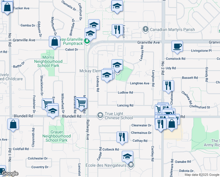 map of restaurants, bars, coffee shops, grocery stores, and more near 7460 Lombard Road in Richmond