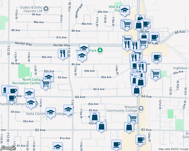 map of restaurants, bars, coffee shops, grocery stores, and more near 11733 85A Avenue in Delta
