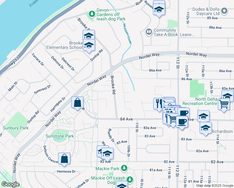 map of restaurants, bars, coffee shops, grocery stores, and more near 8516 Brooke Road in Delta