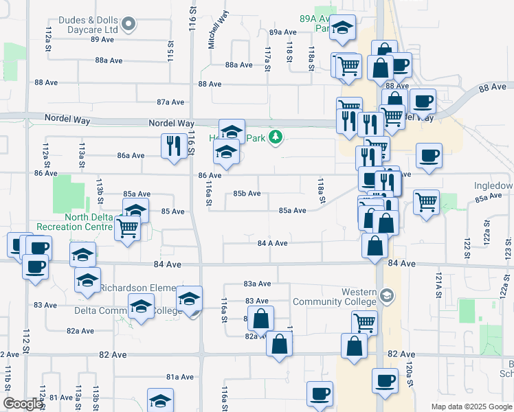 map of restaurants, bars, coffee shops, grocery stores, and more near 11729 85A Avenue in Delta