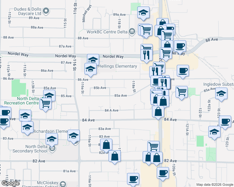 map of restaurants, bars, coffee shops, grocery stores, and more near 11766 85B Avenue in Delta