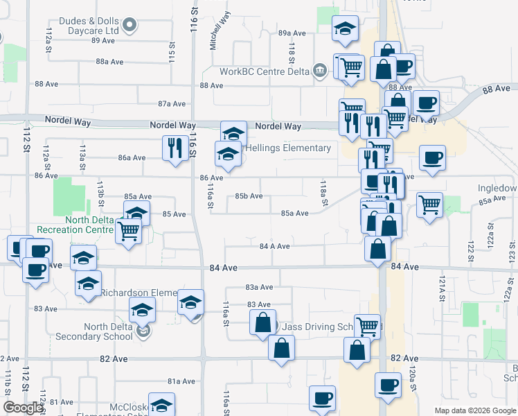 map of restaurants, bars, coffee shops, grocery stores, and more near 11729 85A Avenue in Delta