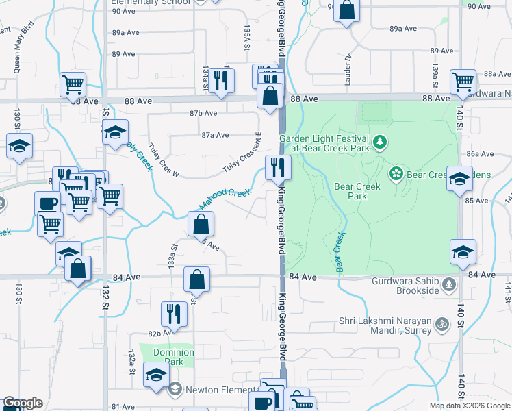 map of restaurants, bars, coffee shops, grocery stores, and more near 8555 King George Boulevard in Surrey