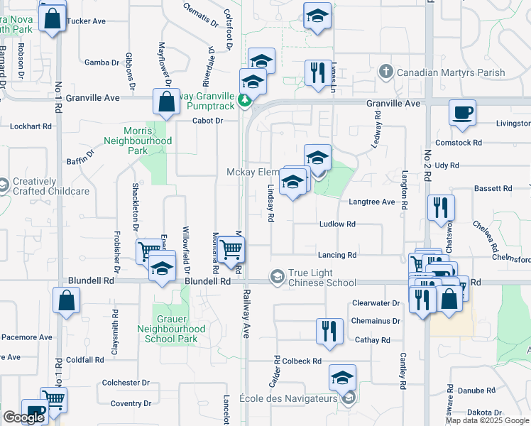 map of restaurants, bars, coffee shops, grocery stores, and more near 7471 Lindsay Road in Richmond