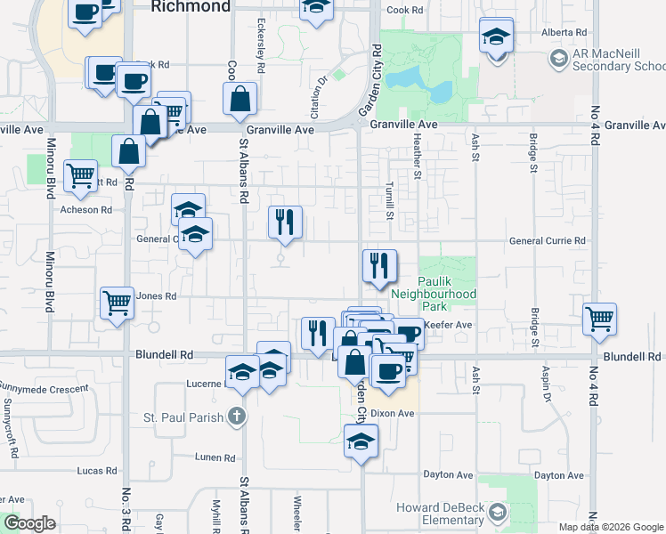 map of restaurants, bars, coffee shops, grocery stores, and more near 8775 Jones Road in Richmond