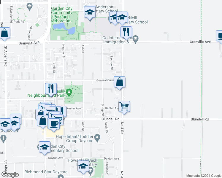 map of restaurants, bars, coffee shops, grocery stores, and more near 9686 Breden Avenue in Richmond