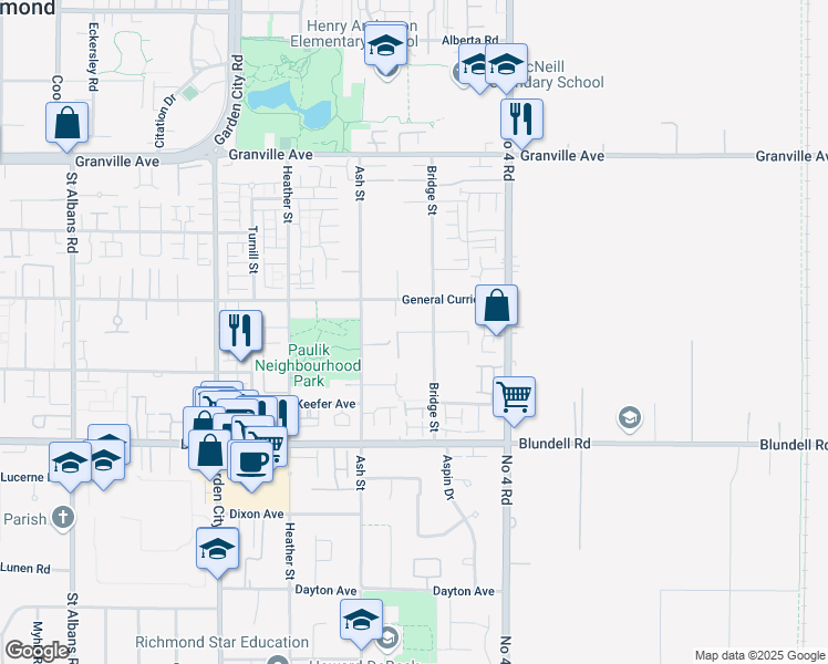 map of restaurants, bars, coffee shops, grocery stores, and more near 9595 Breden Avenue in Richmond