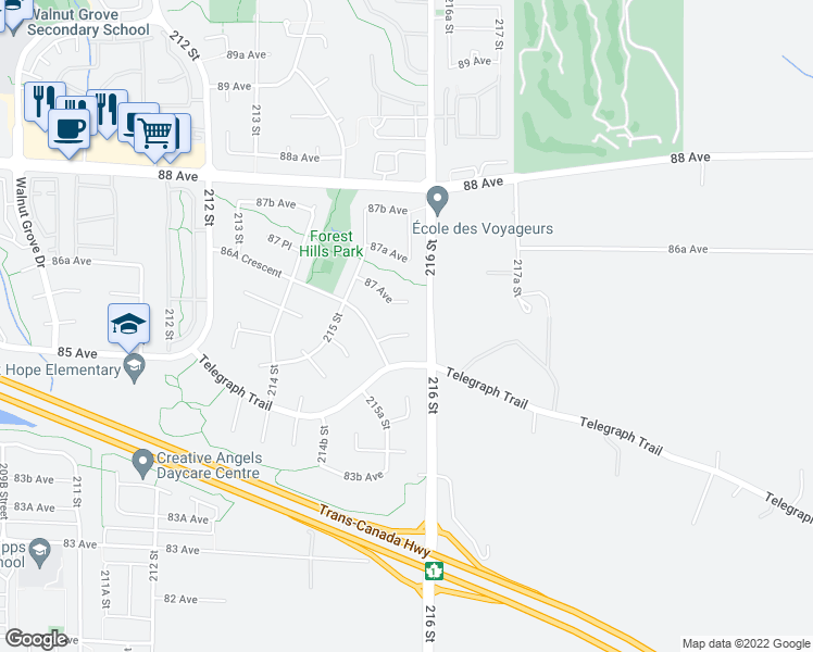 map of restaurants, bars, coffee shops, grocery stores, and more near 21593 86 Court in Langley