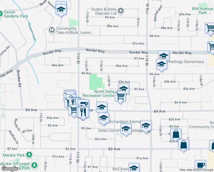 map of restaurants, bars, coffee shops, grocery stores, and more near 8511 113B Street in Delta