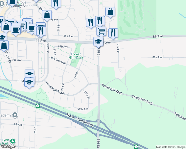 map of restaurants, bars, coffee shops, grocery stores, and more near 21593 86 Court in Langley City